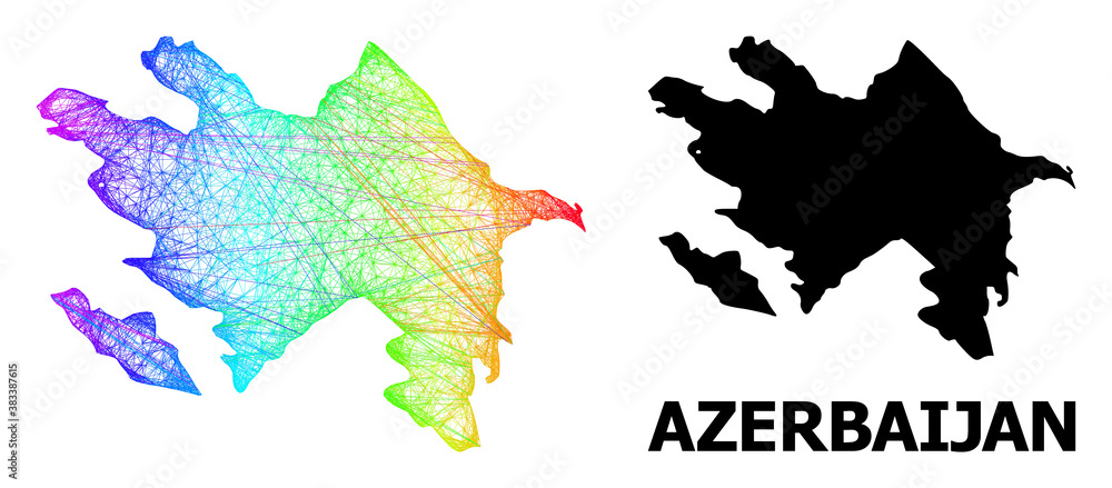 Wire frame and solid map of Azerbaijan. Vector model is created from map of Azerbaijan with intersected random lines, and has spectrum gradient. Abstract lines are combined into map of Azerbaijan. Wire frame and solid map of Azerbaijan. Vector model is created from map of Azerbaijan with intersected random lines, and has spectrum gradient. Abstract lines are combined into map of Azerbaijan.