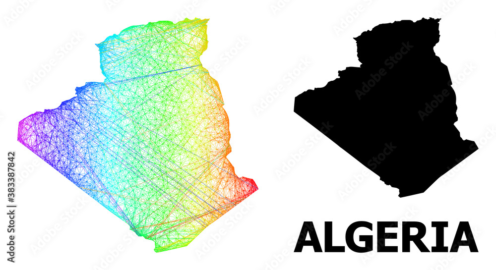 Net and solid map of Algeria. Vector structure is created from map of Algeria with intersected random lines, and has rainbow gradient. Abstract lines form map of Algeria.