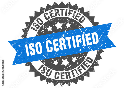 iso certified stamp. grunge round sign with ribbon