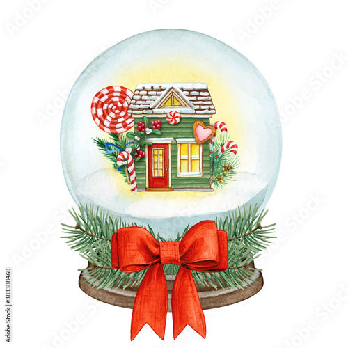 Watercolor high quality snowball with colorful house and candies