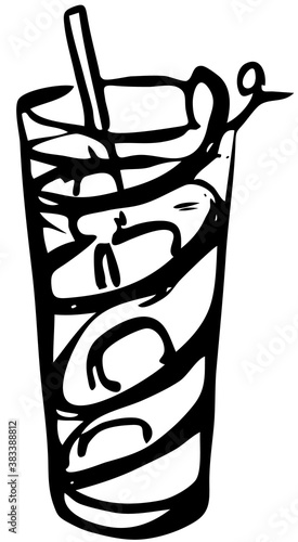 Stylish hand-drawn ink style Ice cold fresh yellow horse neck cocktail garnished with lemon zest twist in classic Collins glass. Cocktail party card, invitations, posters, bar menu cook book recipe