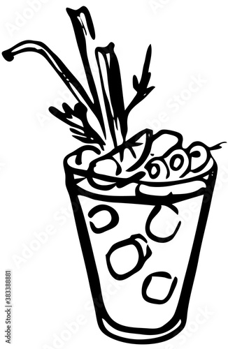 Stylish hand-drawn ink style Ice cold fresh salty tomato bloody Mary garnished with olives, celery and slice of lemon. Goof for cocktail party card, invitations, posters, bar menu or cook book recipe