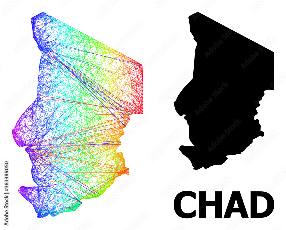 Wire frame and solid map of Chad. Vector structure is created from map of Chad with intersected random lines, and has spectrum gradient. Abstract lines are combined into map of Chad.