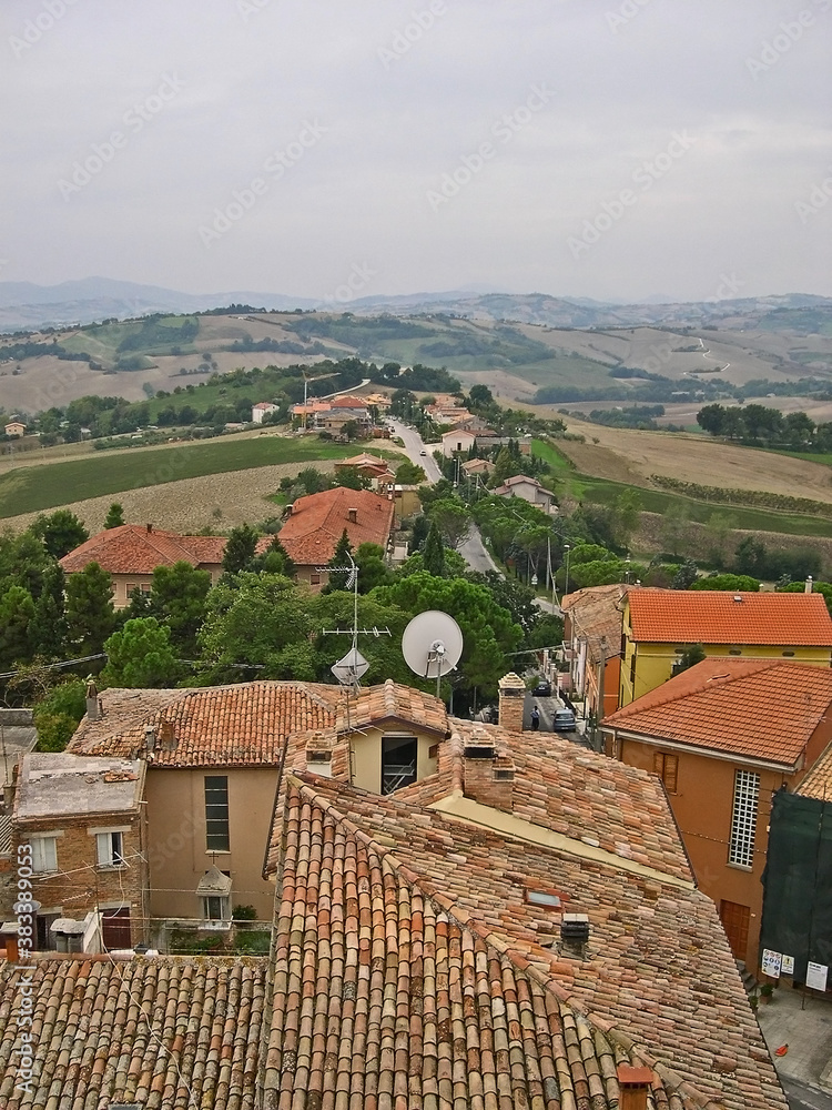 Italy, Marche, Mondavio, city view and Apennine landscape from  the Rocca Roveresca.