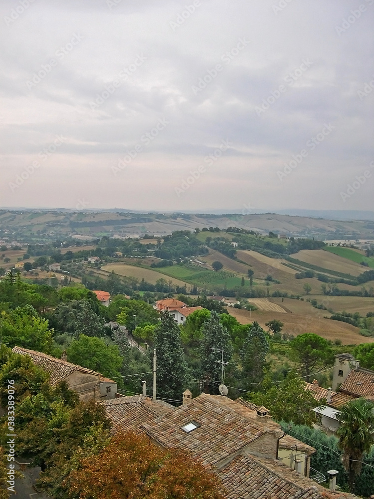 Italy, Marche, Mondavio, city view and Apennine landscape from  the Rocca Roveresca.