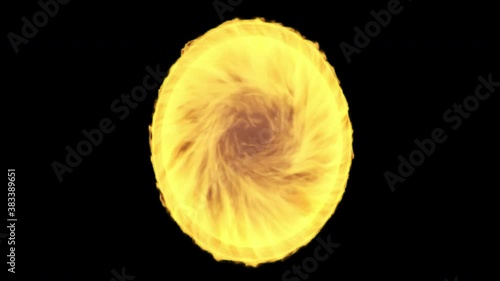 Magical portal of fire, flame and smoke. Opening of a vortex fiery portal, a gateway to another dimension of the world. Radiant energy inside the portal. 3d, 4k animation on black background.