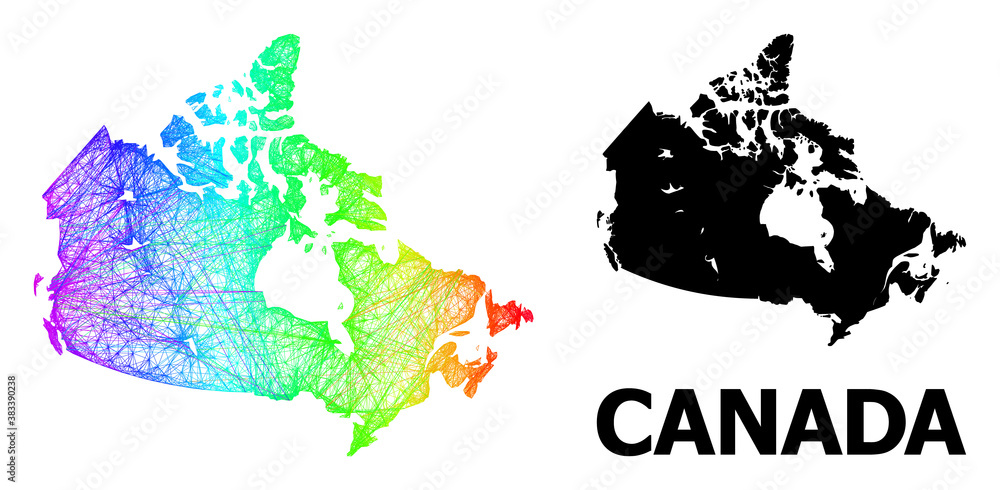 Obraz premium Wire frame and solid map of Canada. Vector structure is created from map of Canada with intersected random lines, and has bright spectral gradient. Abstract lines form map of Canada.