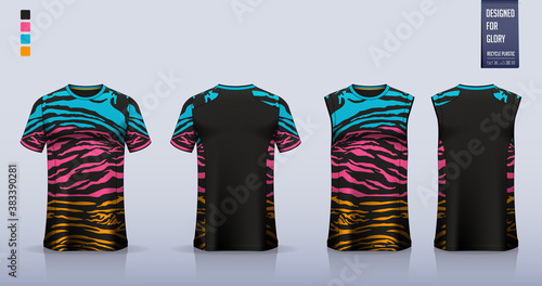 Black t-shirt mockup, sport shirt template design for soccer jersey, football kit. Tank top for basketball jersey, running singlet. Fabric pattern for sport uniform in front view back view. Vector.