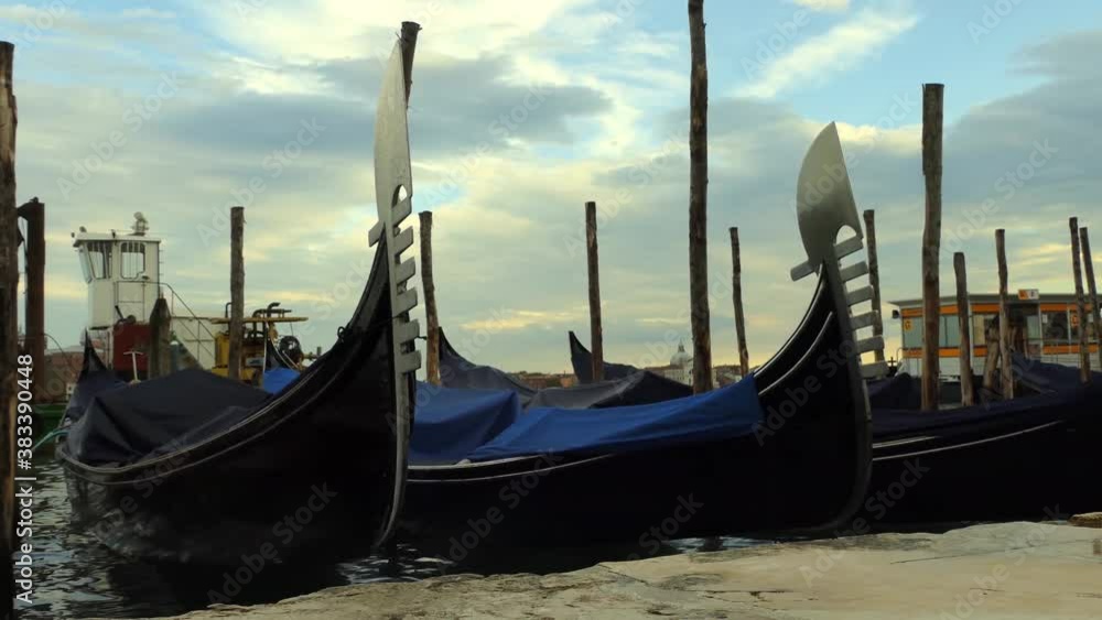 Gondolas in Venice unused and covered in the corona pandemic Gondolas in Venice unused and covered in the corona pandemic