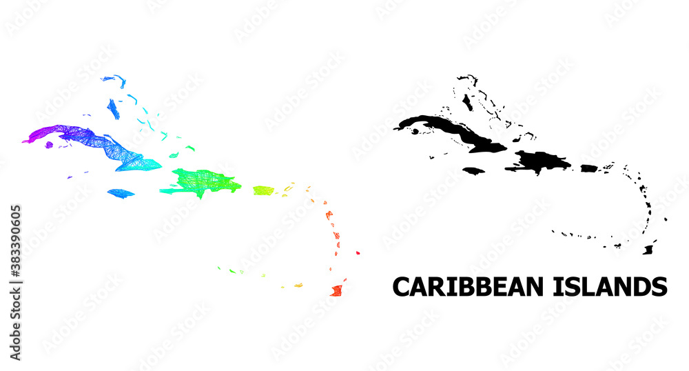 Net and solid map of Caribbean Islands. Vector structure is created