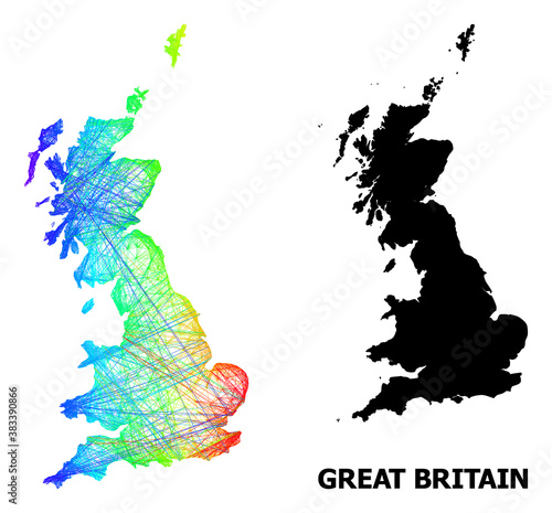 Wire frame and solid map of Great Britain. Vector structure is created from map of Great Britain with intersected random lines, and has bright spectral gradient.