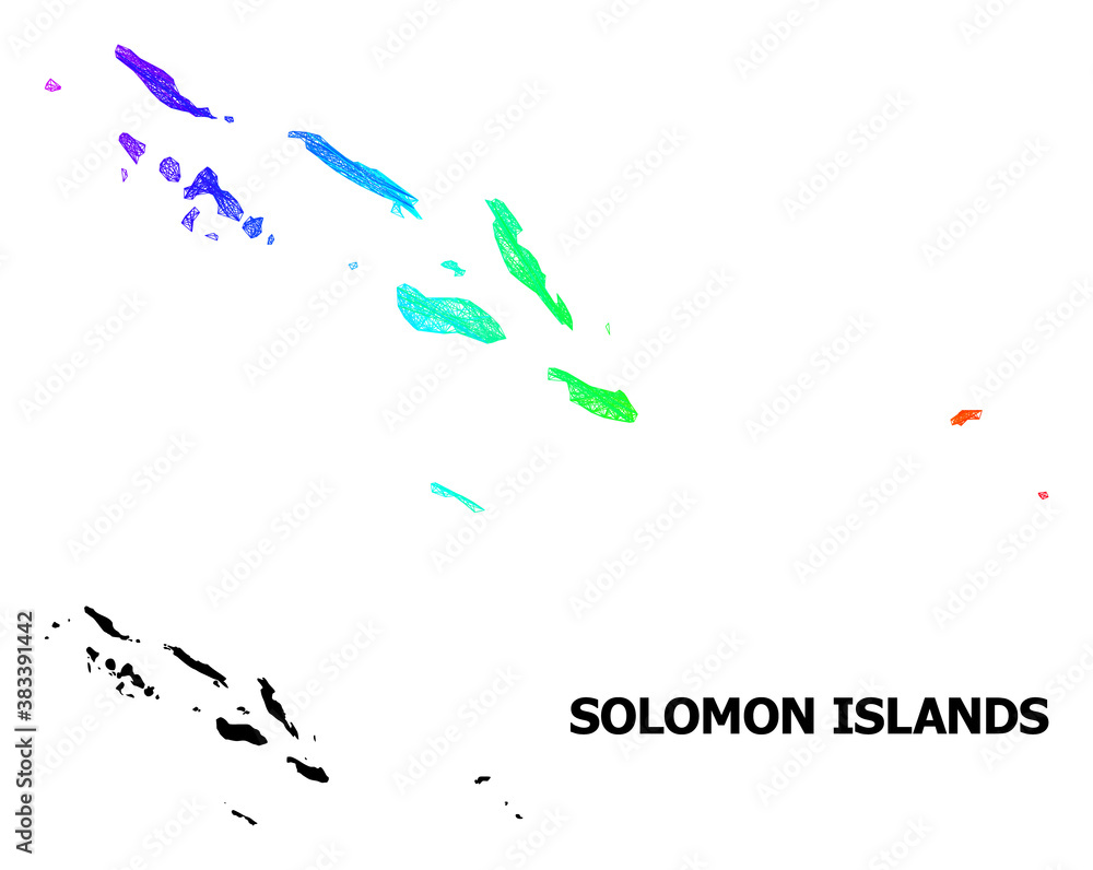 Net and solid map of Solomon Islands. Vector structure is created from map of Solomon Islands with intersected random lines, and has bright spectral gradient.
