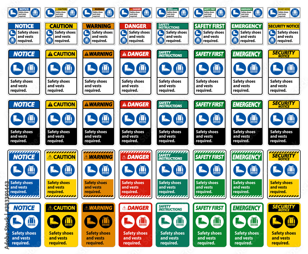 Safety Shoes And Vest Required With PPE Symbols on white background