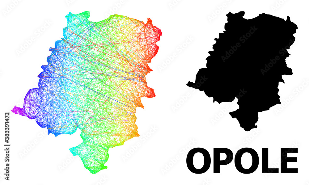 Wire frame and solid map of Opole Province. Vector model is created from map of Opole Province with intersected random lines, and has spectral gradient.