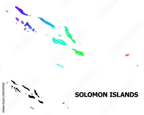 Net and solid map of Solomon Islands. Vector structure is created from map of Solomon Islands with intersected random lines, and has bright spectral gradient.