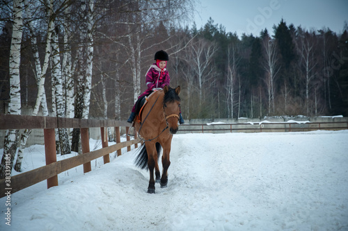Little girl jockey is riding a brown horse in winter open manege. Girl horse rider gallops on a horse in a winter outdoor riding hall. Girl and horse friendship, equestrian sport concept