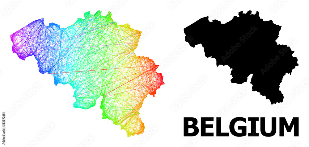 Obraz premium Wire frame and solid map of Belgium. Vector structure is created from map of Belgium with intersected random lines, and has spectral gradient. Abstract lines form map of Belgium.