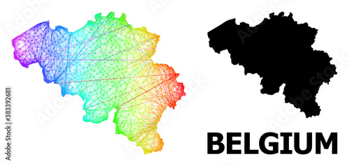Wire frame and solid map of Belgium. Vector structure is created from map of Belgium with intersected random lines, and has spectral gradient. Abstract lines form map of Belgium.