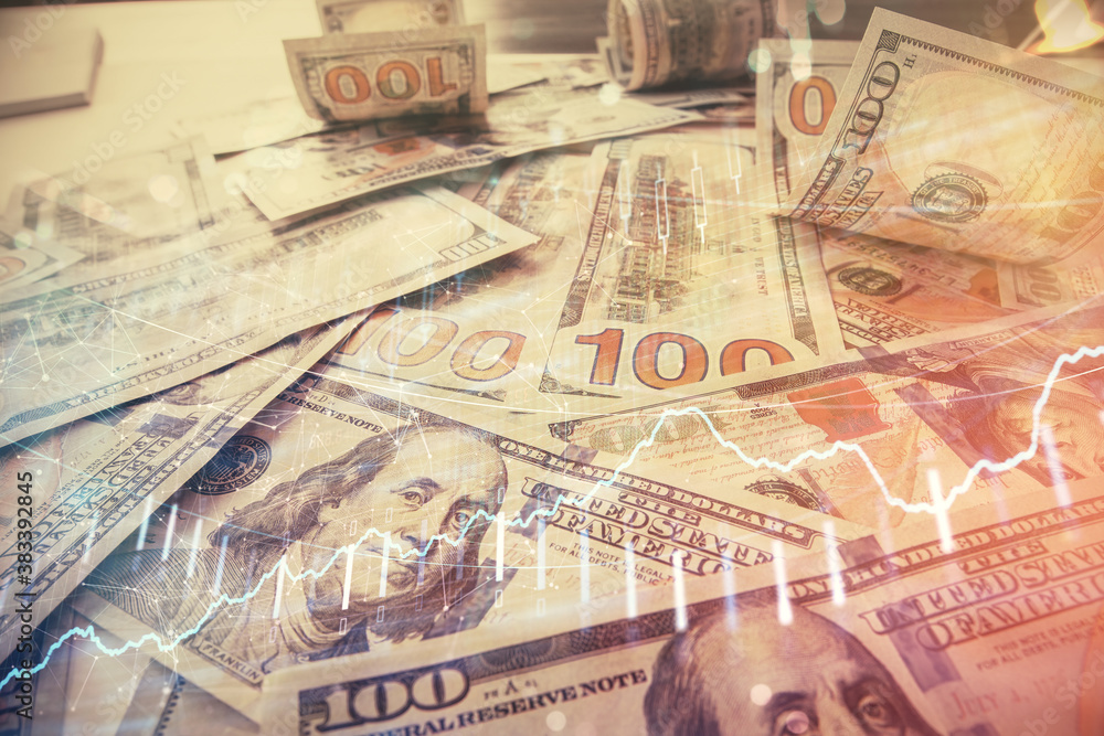 Multi exposure of forex chart drawing over us dollars bill background. Concept of financial success markets. Multi exposure of forex chart drawing over us dollars bill background. Concept of financial success markets.