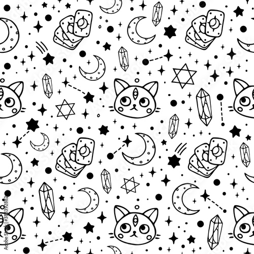 Modern magic seamless pattern with tarot, cat, stars, constellations, moon, crystals and hexagrams. Vector isolated hand-drawn illustration. Perfect for background, print, paper or fabric designs.