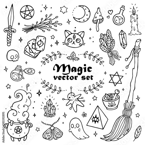 Modern magic set with witchcraft elements. Hand-drawn vector outline illustration. Perfect for stickers, cards, tattoo, print, textile designs.