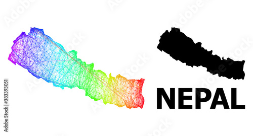 Wire frame and solid map of Nepal. Vector model is created from map of Nepal with intersected random lines, and has spectral gradient. Abstract lines form map of Nepal.