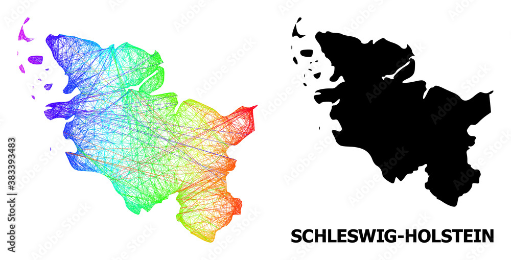 Wire frame and solid map of Schleswig-Holstein State. Vector model is created from map of Schleswig-Holstein State with intersected random lines, and has spectrum gradient.