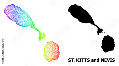 Wire frame and solid map of Saint Kitts and Nevis. Vector structure is created from map of Saint Kitts and Nevis with intersected random lines, and has bright spectral gradient.