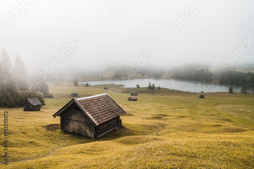 Beautiful misty morning in Bavaria  close to Geroldsee lake  Germany  famous viewpoint close to the bavarian Alps