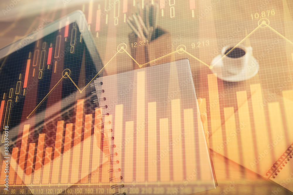 Double exposure of businesswoman hands typing on computer and forex chart hologram drawing. Financial analysis concept. Double exposure of businesswoman hands typing on computer and forex chart hologram drawing. Financial analysis concept.