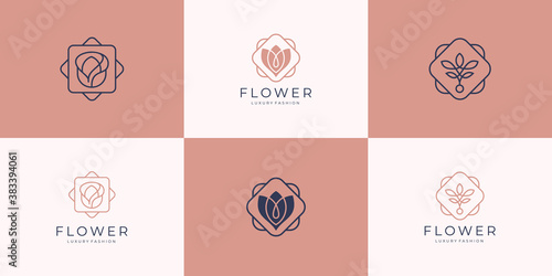 Minimalist elegant flower rose luxury beauty salon, fashion, skin care, cosmetic, yoga and spa products logo templates premium vector