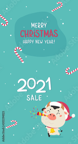 Christmas sale vertical design template.Christmas advertising.Xmas cute ox and holiday candies on the background.New year design of poster, card, headers website with lettering.Vector illustration