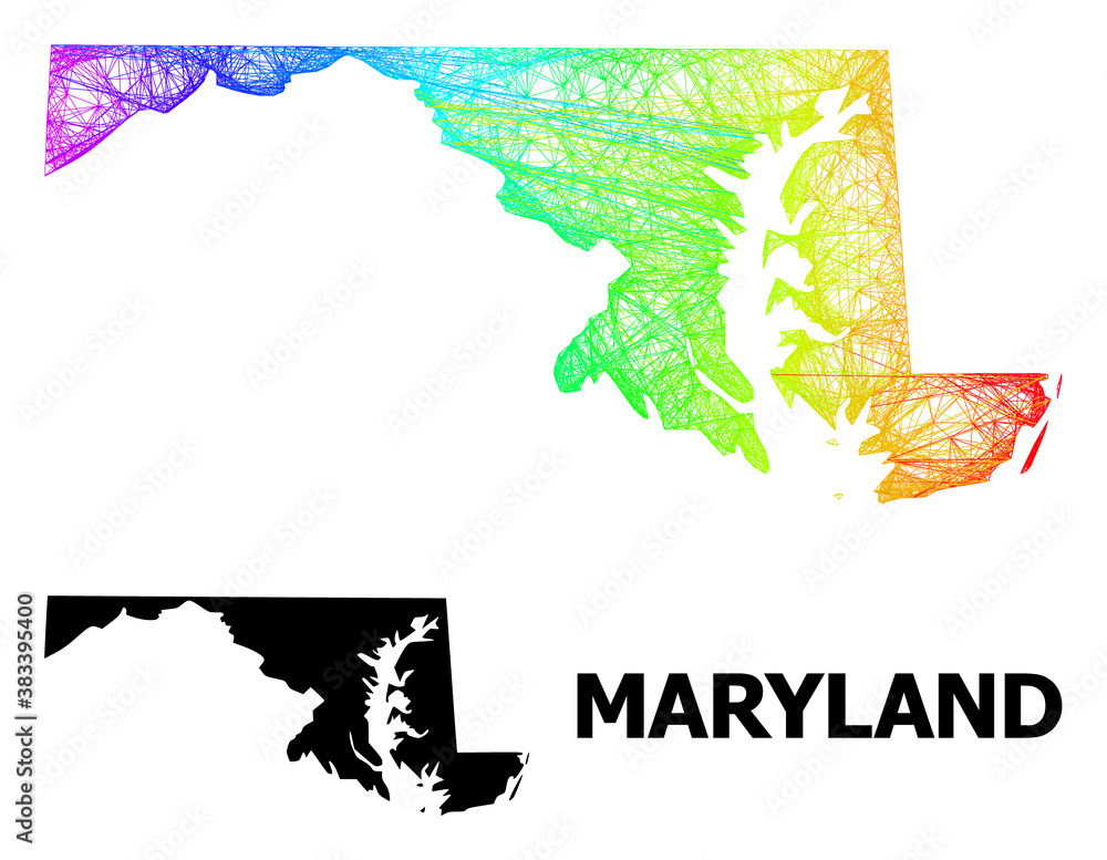 Net and solid map of Maryland State. Vector model is created from map of Maryland State with intersected random lines, and has spectral gradient. Abstract lines form map of Maryland State.