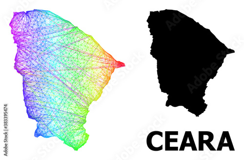 Network and solid map of Ceara state. Vector structure is created from map of Ceara state with intersected random lines, and has bright spectral gradient. Abstract lines form map of Ceara state.
