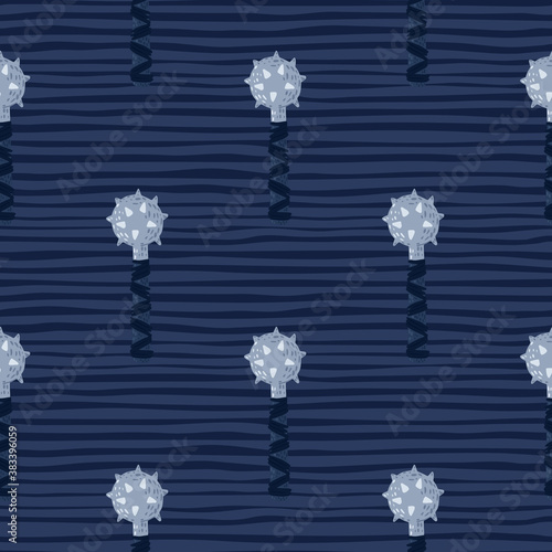 Dark middle ages war seamless pattern with mace simple ornament. Blue flail weapon with spikes on navy blue striped background.