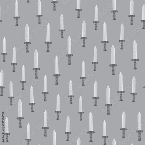 Little swords silhouettes seamless pattern. Hand drawn middle ages historical print with grey background. Steel knife backdrop.