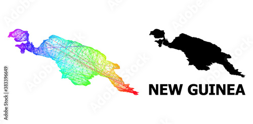 Network and solid map of New Guinea Island. Vector model is created from map of New Guinea Island with intersected random lines, and has spectral gradient.