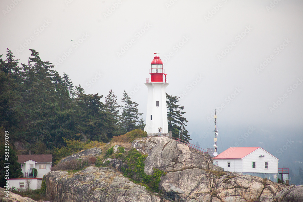 A close up of the Historic Lighthouse at Lighthouse Point Park in West Vancouver off Point Atkinson, British Columbia, Canada