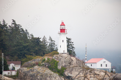 A close up of the Historic Lighthouse at Lighthouse Point Park in West Vancouver off Point Atkinson  British Columbia  Canada