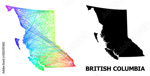 Wire frame and solid map of British Columbia Province. Vector structure is created from map of British Columbia Province with intersected random lines, and has rainbow gradient.