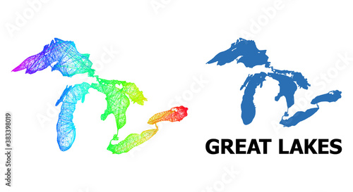 Network and solid map of Great Lakes. Vector structure is created from map of Great Lakes with intersected random lines, and has spectral gradient. Abstract lines form map of Great Lakes.