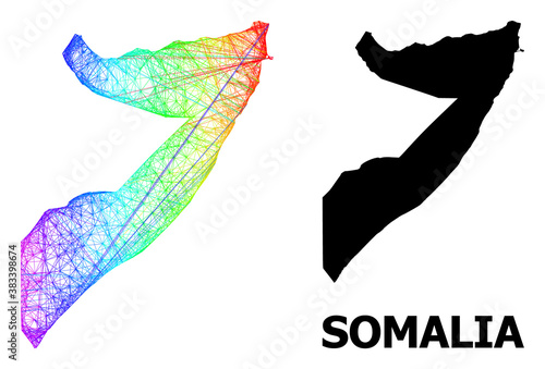 Net and solid map of Somalia. Vector structure is created from map of Somalia with intersected random lines, and has bright spectral gradient. Abstract lines form map of Somalia.