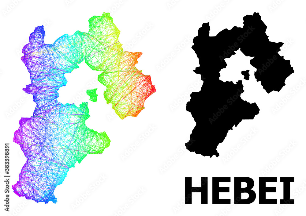 Obraz premium Wire frame and solid map of Hebei Province. Vector structure is created from map of Hebei Province with intersected random lines, and has spectrum gradient.