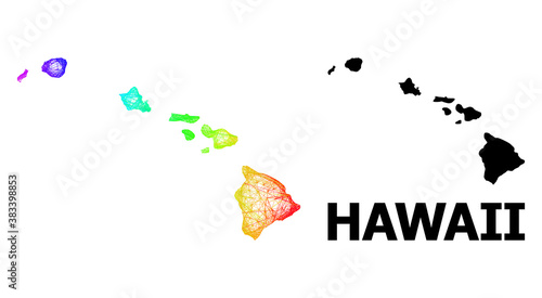 Wire frame and solid map of Hawaii State. Vector structure is created from map of Hawaii State with intersected random lines, and has rainbow gradient. Abstract lines form map of Hawaii State.