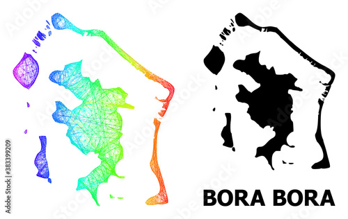 Wire frame and solid map of Bora-Bora. Vector model is created from map of Bora-Bora with intersected random lines, and has rainbow gradient. Abstract lines form map of Bora-Bora.