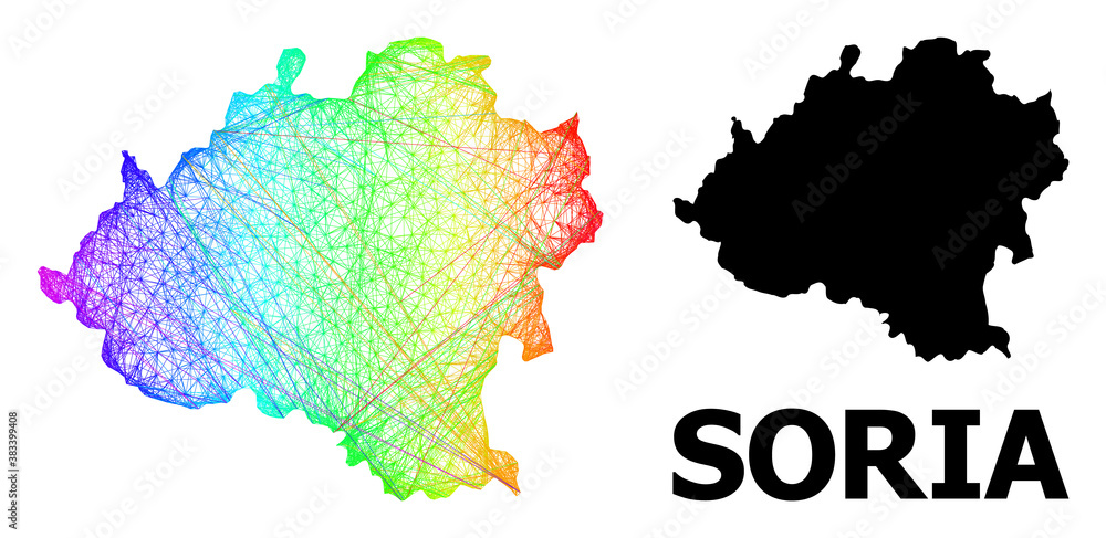 Wire frame and solid map of Soria Province. Vector structure is created from map of Soria Province with intersected random lines, and has bright spectral gradient.