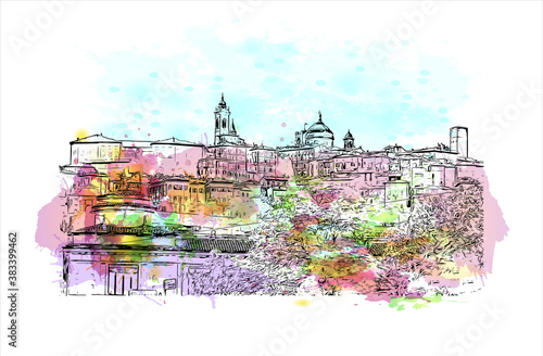 Building view with landmark of Bergamo is a city in the alpine Lombardy region of northern Italy. Watercolor splash with hand drawn sketch illustration in vector.
