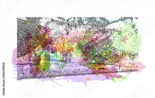 Building view with landmark of Bergamo is a city in the alpine Lombardy region of northern Italy. Watercolor splash with hand drawn sketch illustration in vector.