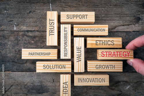 Canvas Print Wooden blocks with strategy, ethics and responsibility text engraved