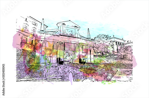 Building view with landmark of Bergamo is a city in the alpine Lombardy region of northern Italy. Watercolor splash with hand drawn sketch illustration in vector.